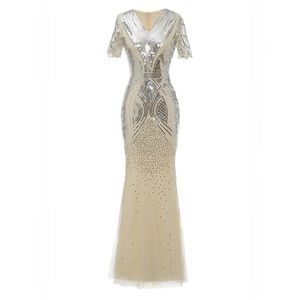 1920s Apricot Sequins Formal Prom Dress